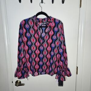 Nicole Miller Vibrant Pink and Blue Blouse Large NWT